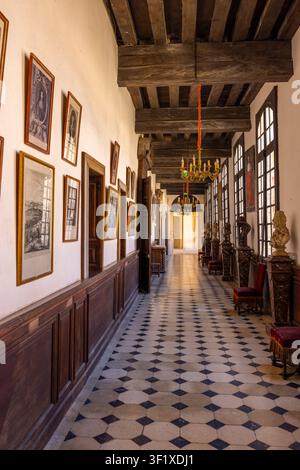 Historical chateau gallery with checkered floor, portraits, and exposed wooden beams Stock Photo