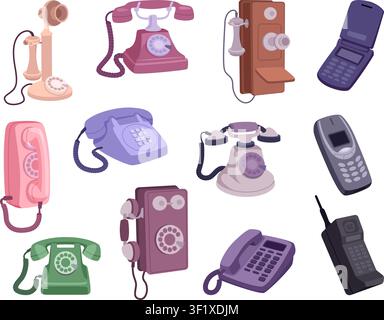 Phone evolution. Vector illustration features classic rotary telephones cordless handsets and mobile phones in a exact technology collection Stock Vector