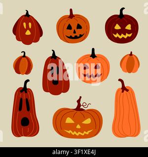 Hand-drawn Halloween pumpkin faces set with carved Jack-o-lantern expressions for seasonal decor, party, packaging Stock Vector