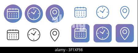 Calendar, clock and location icon set with filled and outline UI symbols for scheduling, appointments, navigation and productivity applications vector Stock Vector