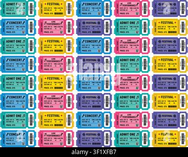 Colorful event ticket seamless pattern with concert, festival, admission and live performance ticket designs for entertainment backgrounds and wrappin Stock Vector