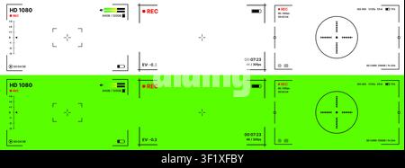 Camera viewfinder overlay UI kit with recording frame, focus guides, crosshair, HUD elements and green screen recording templates vector Stock Vector