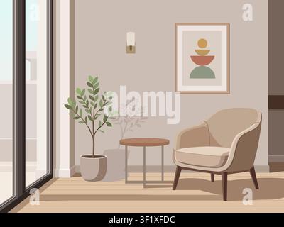 Modern Living Room Corner with Armchair, Sliding Glass Door, Indoor Plant and Wall Art Vector Stock Vector