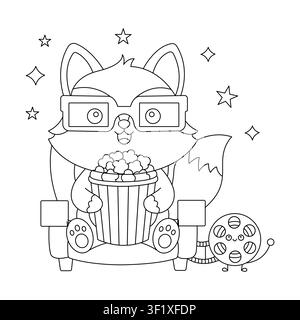 Cute Adorable Fox Wearing 3D Glasses Watching Movie Coloring Page for Kids Stock Vector