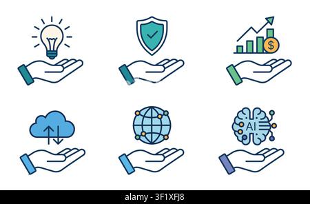 Business support icon set with hands holding innovation, cybersecurity, cloud computing, AI, global network and financial growth symbols vector Stock Vector