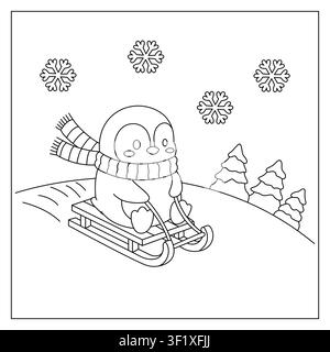 Cute Baby Penguin Sledding in the Snow with Scarf Coloring Page for Kids Stock Vector