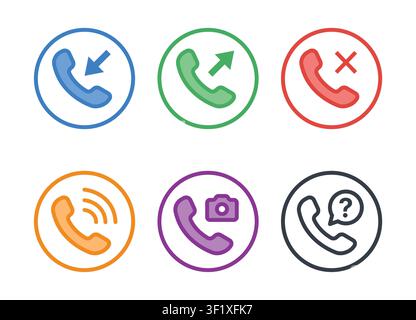 Phone call icon set with incoming, outgoing, missed, video and support call symbols for communication apps and mobile interface design vector Stock Vector
