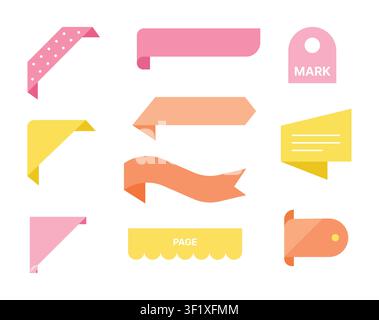 Decorative ribbon, bookmark and label template set with folded paper banners, page markers and tag elements for branding and stationery vector Stock Vector