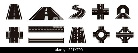 Road icon set with highways, intersections, curved roads, roundabouts, tunnels and junction symbols for maps, navigation and transport design vector Stock Vector