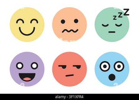 Emoji face icon set with smiling, sleepy, surprised, confused, neutral and funny facial expression symbols vector Stock Vector