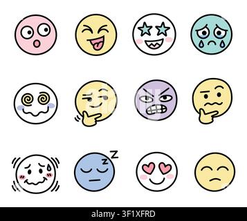 Cute emoji face icon set with funny, happy, dizzy, crying, thinking, sleepy, angry and love expression symbols vector Stock Vector