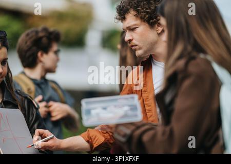 High school students collaborating outdoors while drawing a plan on a small whiteboard during group discussion Stock Photo