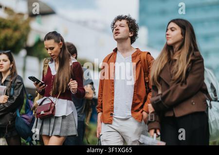 High school students walking together in an urban area, texting and chatting between classes Stock Photo