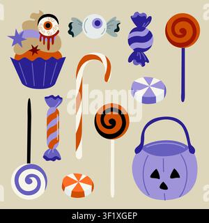 Hand-drawn Halloween spooky candy set with lollipops, sweets, candy cane and pumpkin trick or treat bucket for seasonal packaging Stock Vector