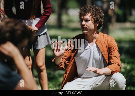 High school students talking and collaborating outdoors during casual group discussion in a park setting Stock Photo