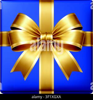 Blue gift box with golden ribbon isolated on white background. Luxury present icon for Fathers Day celebrations Stock Vector
