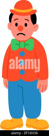 Sad cartoon clown character in orange suit and bowler hat standing alone. Flat vector illustration of a melancholy performer with red nose and face Stock Vector