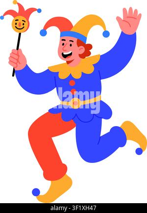 Funny cartoon jester in purple and orange costume dancing. Happy medieval joker character holding a scepter flat vector illustration for party Stock Vector