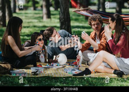 High school students studying science and building molecular models together outdoors in a park Stock Photo