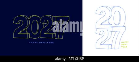 3D 2027 number card set, happy New Year line art logo poster Stock Vector
