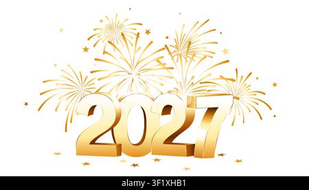 Gold 3D 2027 logo, New Year number isolated with fireworks Stock Vector