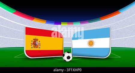 Football match preview featuring Spain vs Argentina. Soccer Match Poster with National Flags and Stadium Background. International sports tournament p Stock Vector