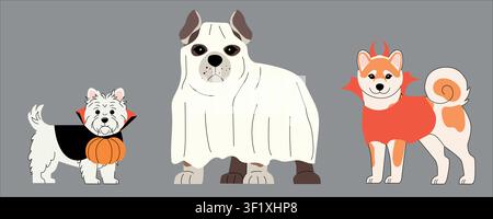 Adorable dogs celebrating Halloween in spooky costumes on a light background. Festive vector flat illustration Stock Vector
