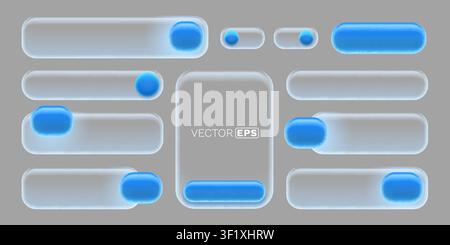Modern Glassmorphism UI Elements Set. Frosted glass buttons, sliders, and toggles with blue accents for digital design. Vector illustration. Stock Vector