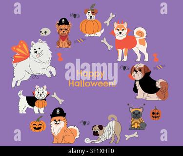 A collection of cute Halloween dogs in various costumes on a deep purple background with festive text and illustrations. Stock Vector