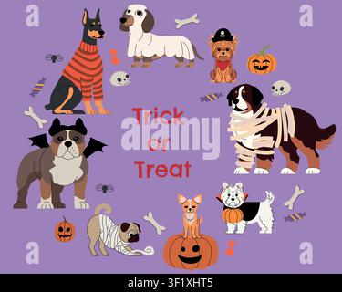 Adorably spooky Halloween dogs in costumes on deep purple, with ghosts, pumpkins, and a festive skull. Vector flat illustration. Stock Vector