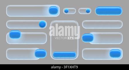 Modern Glassmorphism UI Elements Set. Frosted glass buttons, sliders, and toggles with blue accents for digital design. Vector illustration. Stock Vector