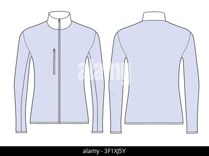 Turtleneck winter jacket front and back view flat drawing vector mockup template. Stock Vector