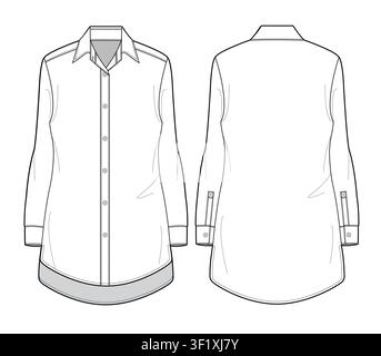 Women’s long sleeve button up shirt front and back view flat sketch vector mockup template technical illustration. Stock Vector