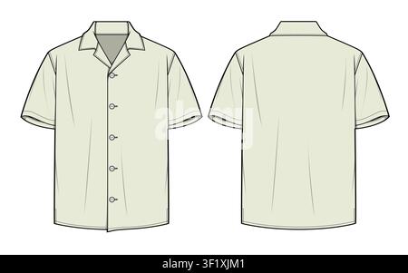 Men’s oversized camp shirt front and back view vector design technical flat drawing. Stock Vector