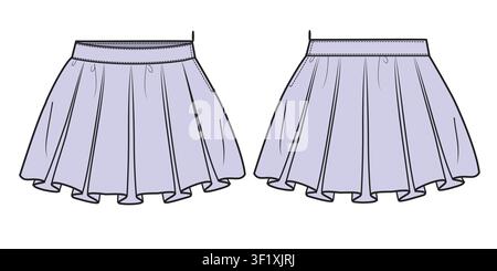 Flared skirt front and back view vector design mockup template technical flat sketch. Stock Vector