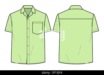 Male camp shirt front and back view flat drawing vector design mockup template. Stock Vector