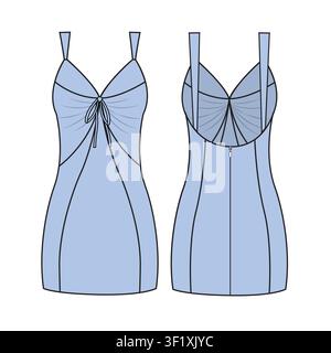 Sun dress front and back view vector mockup template technical drawing. Stock Vector