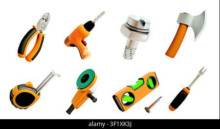 Construction Tools isolated vector 3d icon set for DIY and Maintenance with drill, Bubble Level, measuring tape. Hand tools for repair and constructio Stock Vector