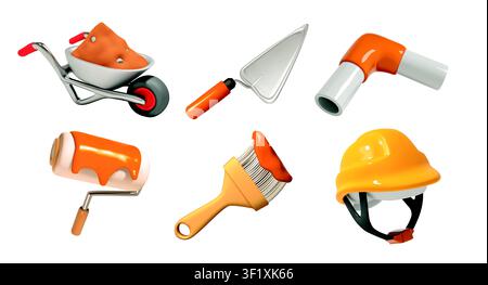 Construction Tools vector 3d icon set with Safety Helmet, Wheelbarrow and painting brush or roller Stock Vector
