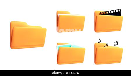 3D Folder Icon set with Documents, Video, and Music File isolated for UI design, app interfaces, and digital organization visuals. Stock Vector