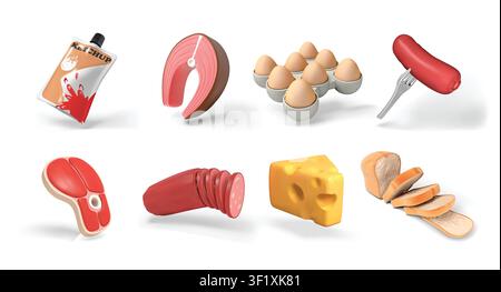 food isolated 3D vector icon render illustration with ketchup pouch, fish steak, eggs in tray, sausage on fork, raw meat steak, sliced salami, cheese Stock Vector