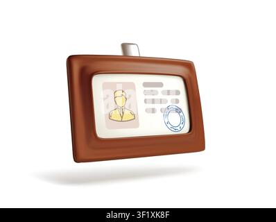ID Card 3d icon with Avatar and Stamp in Brown Holder isolated on white background Stock Vector