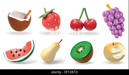 fruit isolated 3D vector icon render illustration set with coconut, strawberry, cherries, grapes, watermelon slice, pear, kiwi half, and bitten apple Stock Vector