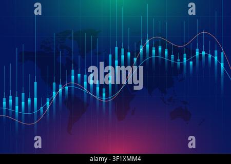 High-tech financial graphic showing global stock market data with candlestick bars, smooth trend lines and world map background, conveying analytics, Stock Vector
