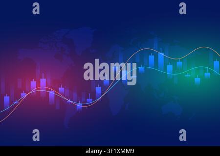 Global Finance Data Visualization With Stock Market Candlestick Chart and Trading Trend Lines Over World Map Stock Vector