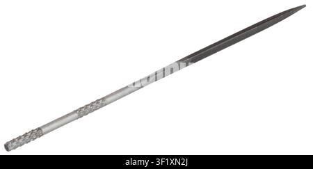 Triangle shaped abrasive file used to smooth out rough spots in tight spaces on craft projects isolated on a white background. Stock Photo