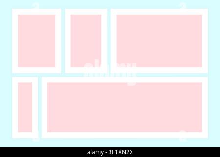 Pastel photo collage template with picture frames minimalist layout moodboard grid and clean presentation design on a soft blue background for brandin Stock Vector