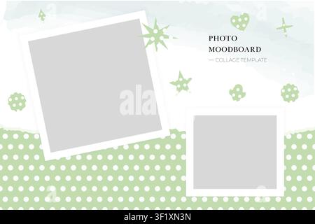 Pastel photo moodboard collage template with picture frames green design layout and decorative pattern on a clean background for presentation branding Stock Vector
