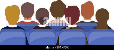 a flat vector illustration of seven people sitting in blue theater seats watching a performance from the back view. Stock Vector