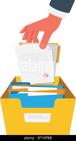 An illustration of a businessman's hand placing a signed white paper document into a yellow file folder storage box. Stock Vector